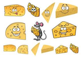 Wedges of happy cartoon cheese with a mouse vector