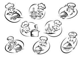 Chefs in toques with serving trays vector