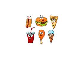 Colorful cartoon set of fast food icons vector