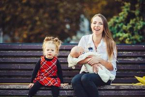 mother and two daughters rest on a bench photo