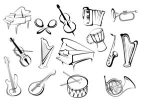 Musical instruments icons in sketch style vector