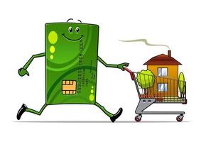 Cartoon credit card pushing a cart with house vector