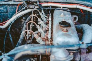 Old off-road car engine with a close view photo