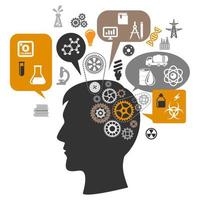 Scientist head with gears and thought bubbles vector