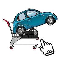 Car and tires in a shopping cart vector