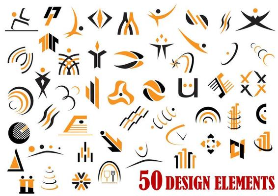 Fifty abstract design elements in black and yellow