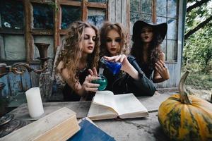 Three vintage witches perform magic ritual photo