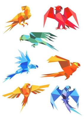 Colorful origami paper stylized parrots
