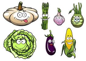 Cartooned squash, asparagus, garlic, kohlrabi, cabbage, eggplant, corn vegetables vector