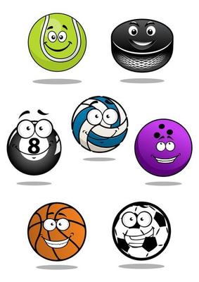 Smiling sport equipments cartoon characters