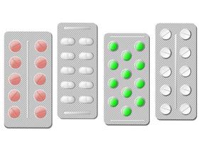 Realistic pills in silver blisters with reflection vector