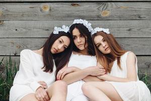 Three charming girls  near a wooden house photo