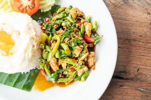 rice and stir fried chicken with basil and fried egg on top photo