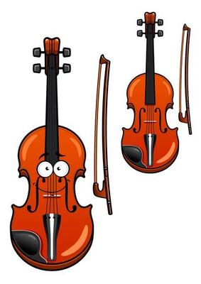 Smiling cartoon violin character with bow