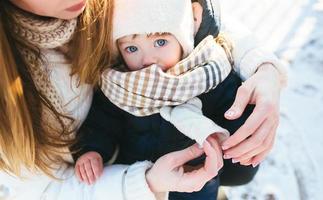 mother and daughter in the snowy countryside photo