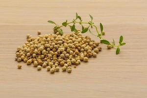 Coriander seeds on wooden background photo