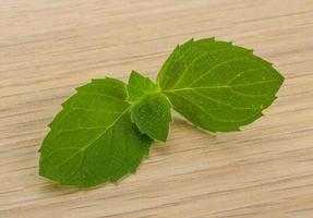 hojas de menta sobre fondo de madera foto