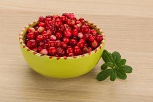 Cowberry in a bowl on wooden background photo