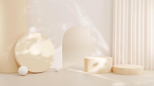 3D rendering Product display podium stand with curtain on Brown background. Mock up for the presentation. cylinder. photo