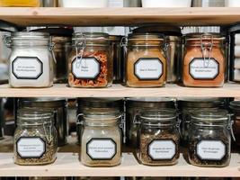 Cans with spices at the shelves photo