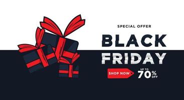 Black Friday Sale banner. Modern minimal design with black and white. Realistic dark gifts boxes. vector