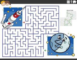 laberinto con cohete de dibujos animados en el espacio y la luna vector