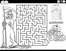 maze with Grim Reaper on Halloween time coloring page vector