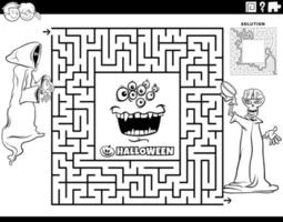 maze with skeleton and monster on Halloween coloring page vector