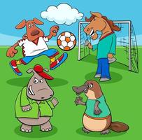 jugadores de fútbol de animales de dibujos animados en el campo de fútbol vector