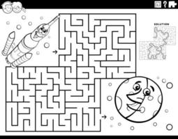 maze with space rocket and moon coloring page vector