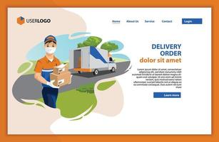 Delivery order man with medical protective mask on his face holding package with delivery truck on background. Flat vector illustration. Web Design Vector Template.