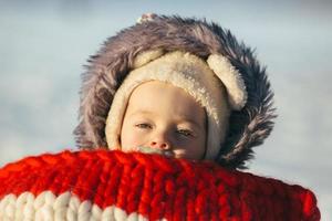 Little girl child sitting on sledges photo