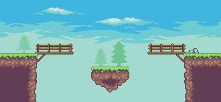 escena de juego de arcade de pixel art con plataforma flotante, puente, árboles, nubes fondo de 8 bits vector