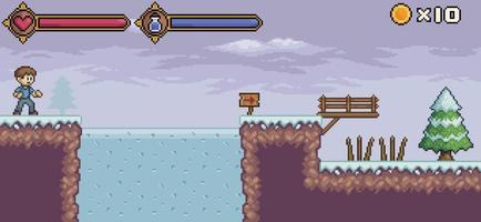 escena de juego de pixel art con personaje, barra de vida y fondo de vector de maná para juego de 8 bits