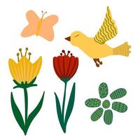 un conjunto sobre un tema de primavera. pájaro estilizado y flores. vector
