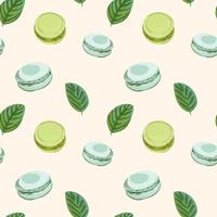 Colorful macarons with mint seamless pattern. Vector illustration in flat style.