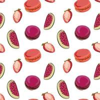 Colorful macarons with figs and strawberries seamless pattern. Vector illustration in flat style.