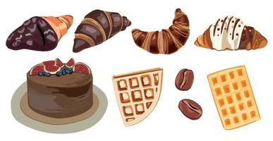 un conjunto de productos horneados con chocolate. croissants, pasteles y gofres. vector