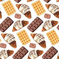 Croissants, waffles and chocolate. Seamless pattern for sweet-shop. vector