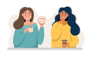 Girls are talking over a cup of coffee The concept of a coffee shop and coffee lovers. Vector illustration in a flat style