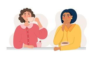 Girls are talking over a cup of coffee The concept of a coffee shop and coffee lovers. Vector illustration in a flat style