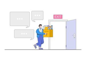 Exit interview before leaving job or organization, feedback or suggestion to HR human resources concept. Businessman employee holding office supplies in the box walking to the door with speech bubble vector