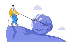 Crisis management, challenge to disaster situation, overcome difficulty in economic, leader protection concepts. Businessman use rope to stop huge rock falling from cliffs with graph arrow going down vector
