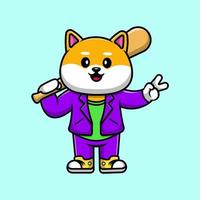 Cute Shiba With Baseball Bat Cartoon Vector Icon Illustration. Flat Cartoon Concept