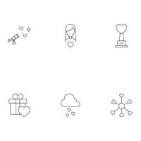 Romance, dating and love concept. Outline symbols of various things next to heart. Line icons of heart next to telescope, woman, statue, cloud, gift, chemical compound vector