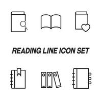 Reading and education concept. Modern outline symbols suitable for web sites, advertisement, apps, internet pages. Line icon set with icons of heart and magnifying glass etc by book