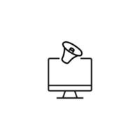 Item on pc monitor. Outline sign suitable for web sites, apps, stores etc. Editable stroke. Vector monochrome line icon of loud speaker on computer monitor