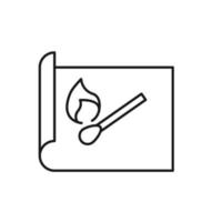 Vector outline symbol suitable for internet pages, sites, stores, shops, social networks. Editable stroke. Line icon of flame over match on piece of paper