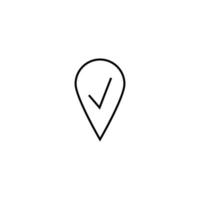 Vector symbol drawn with black thin line. Simple monochrome sign perfect for articles, books, stores, shops. Line icon of checkmark inside of geolocation sign