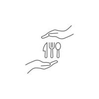 Present, charity, giving concept. Outline monochrome symbols drawn in flat style. Suitable for articles, advertisements, books etc. Line icon of knife, fork and spoon between outstretched hands vector